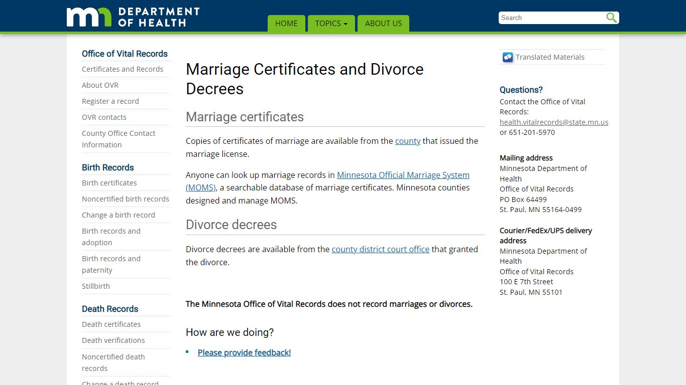 Marriage certificates and divorce decrees - Minnesota Dept. of Health